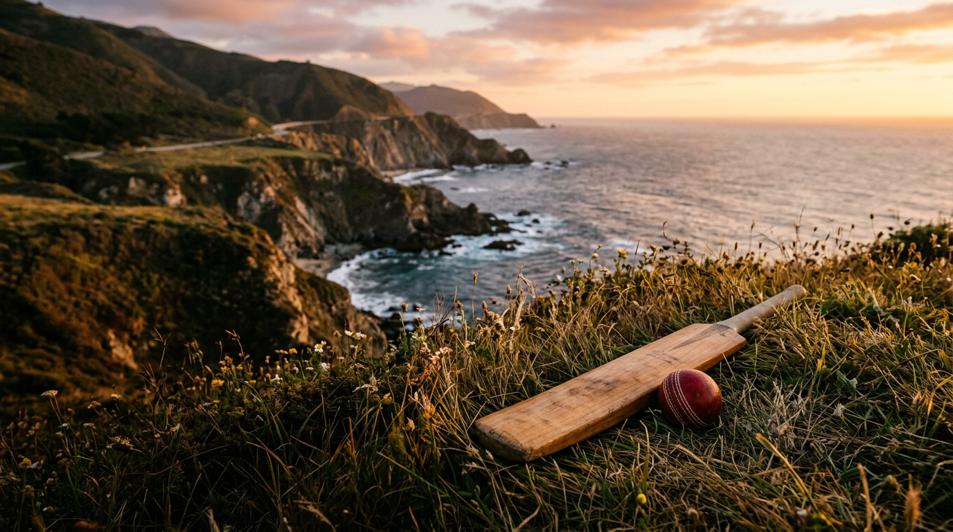 A cricket bat and ball on a California coastal bluff at sunset